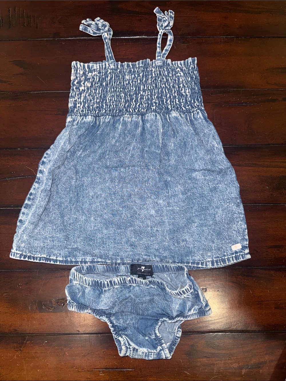7 For All Mankind Blue Denim-Look Sundress with Smocking with Matching Bloomers